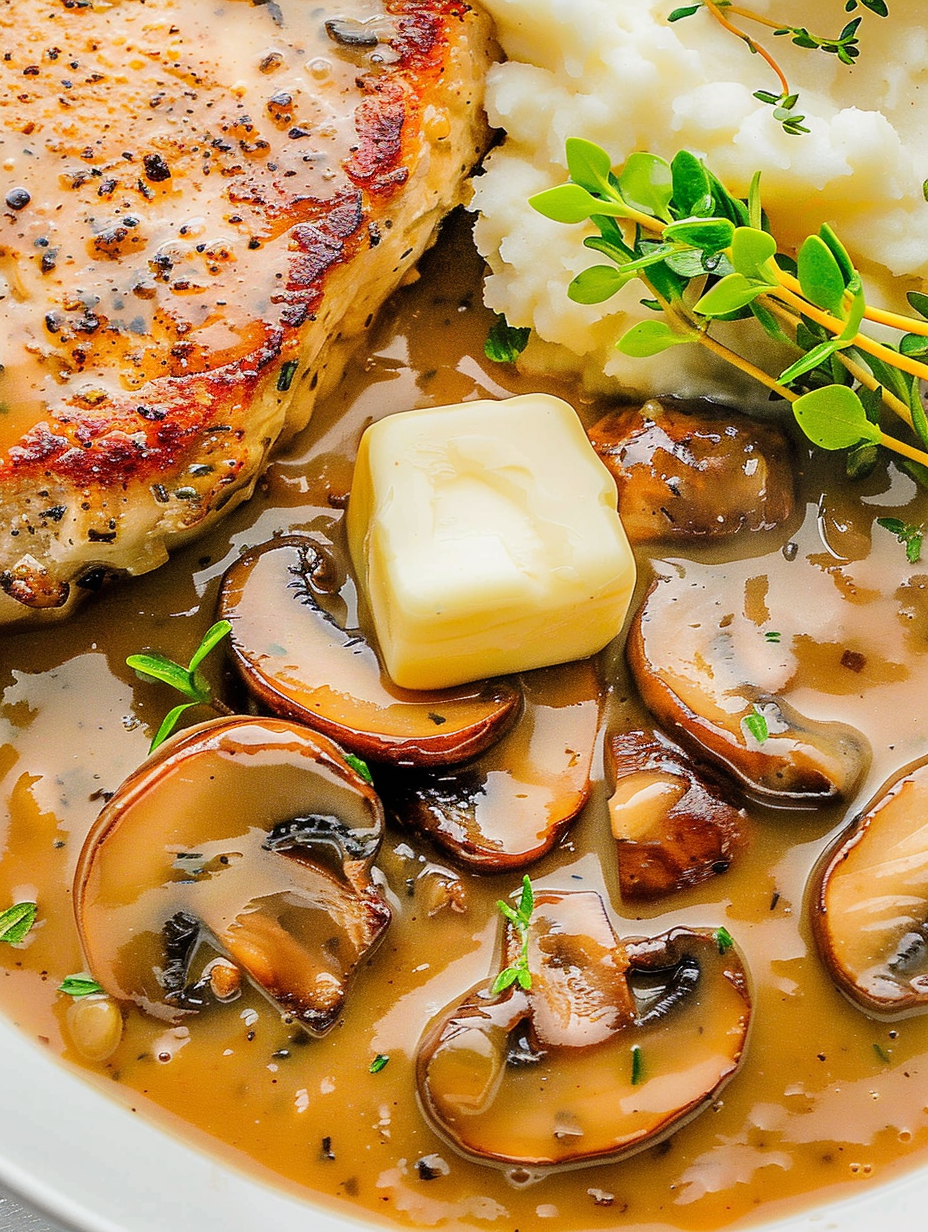 Creamy mushroom gravy served over mashed potatoes