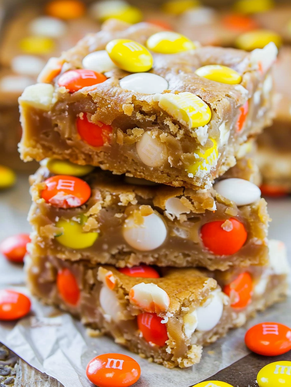 Closeup of Candy Corn White Chocolate M&M's blondies in an 8x8 pan