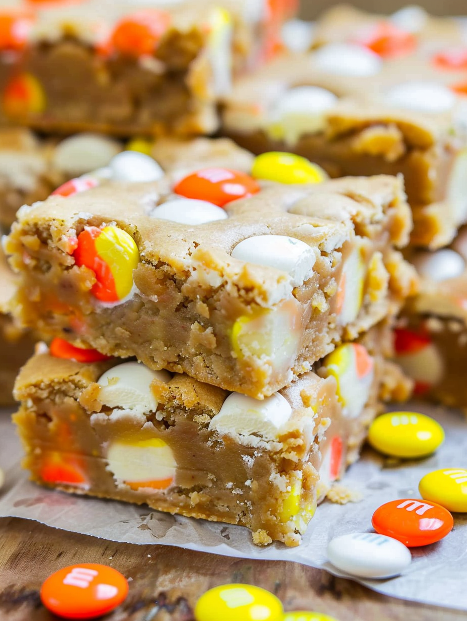 Stack of sliced Halloween blondies with white chocolate M&M's on top