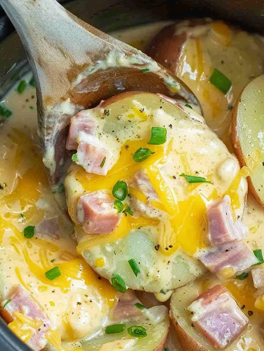 Slow cooker with layered ham and potatoes