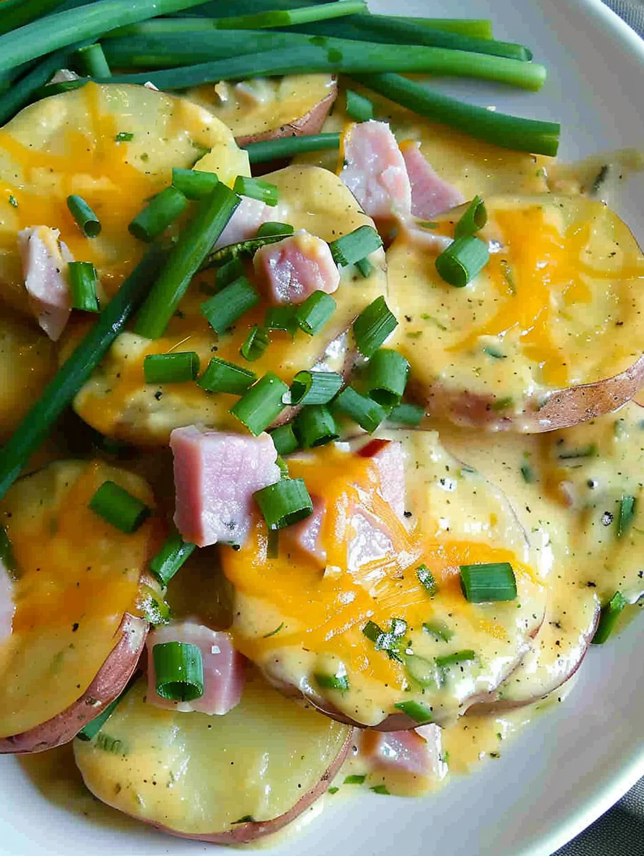 Creamy ham and potatoes served in a bowl