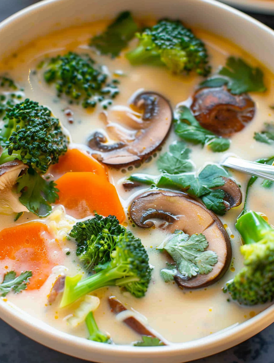 Bowl of Thai coconut soup with vegetables
