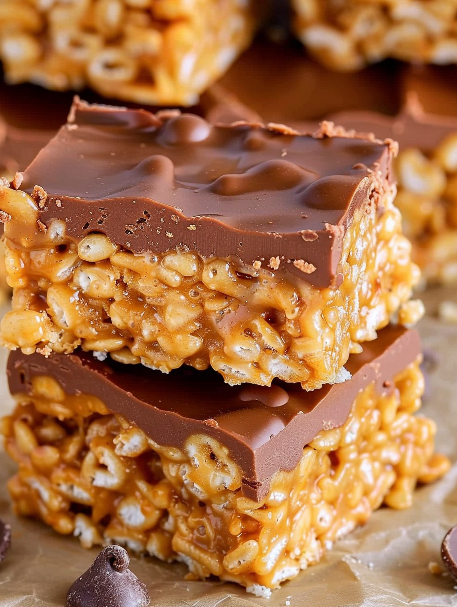 Cut Scotcheroos arranged on a serving board