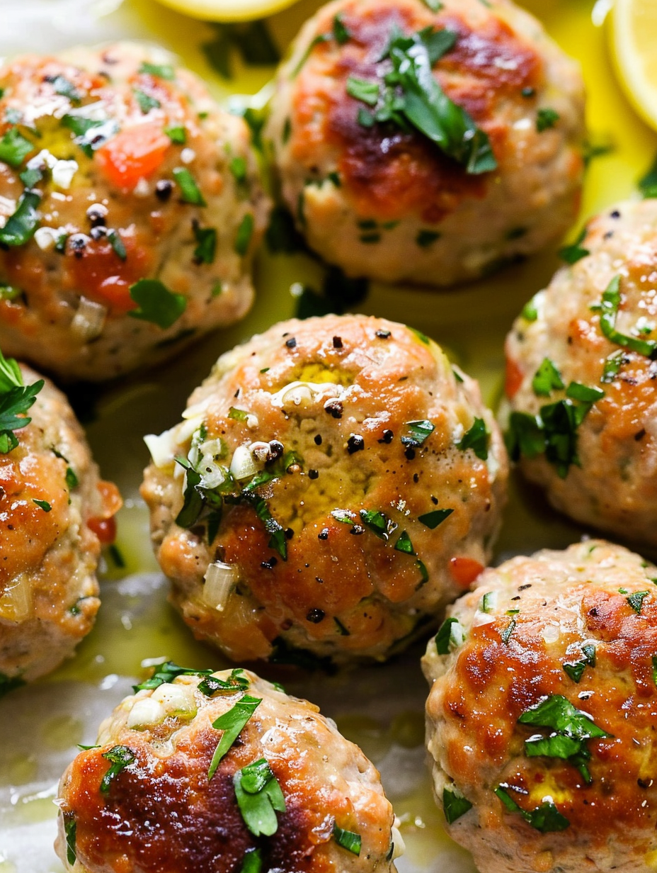 Baked turkey meatballs on parchment with herbs