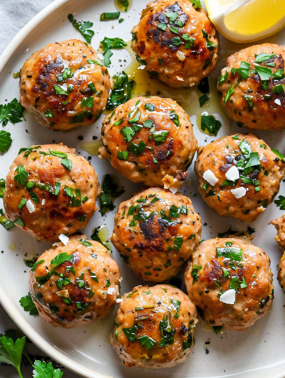 Close-up of a garlic herb meatball with parsley