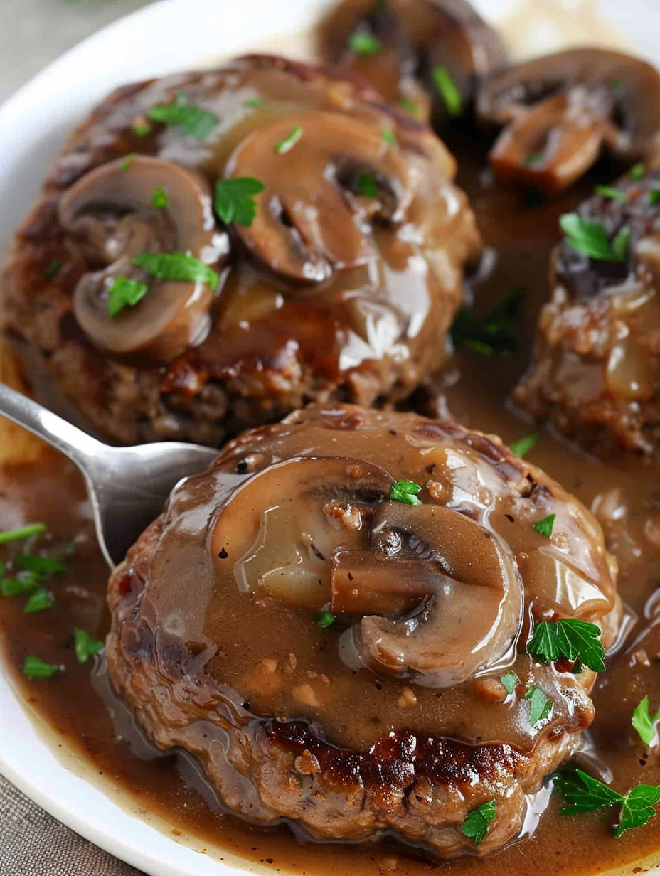 Salisbury steaks simmering in mushroom gravy