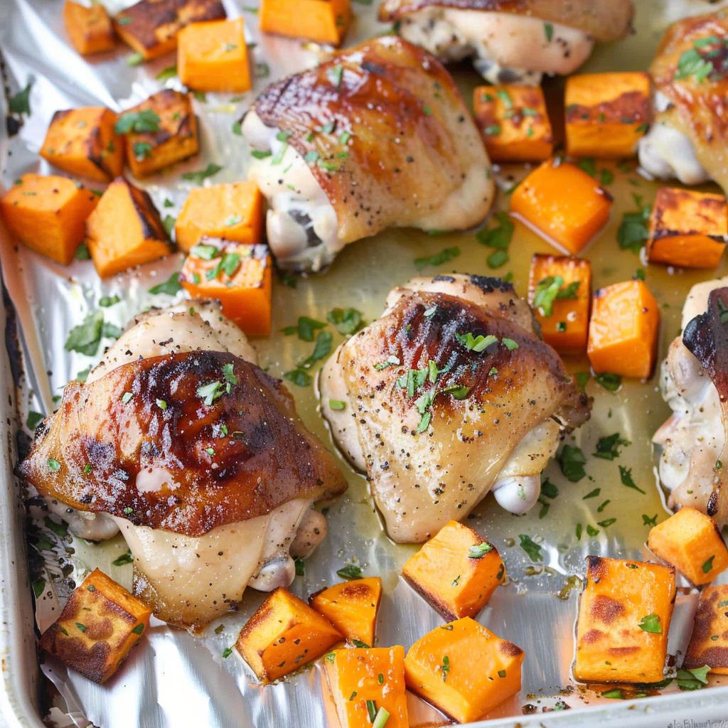Honey Garlic Roasted Chicken Thighs with Sweet Potatoes