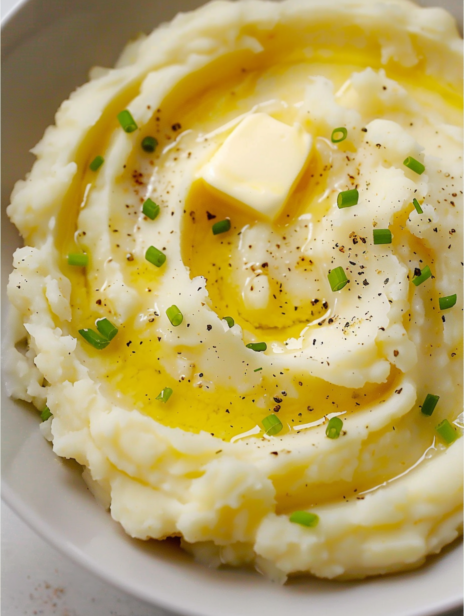 Bowl of creamy mashed potatoes with chives
