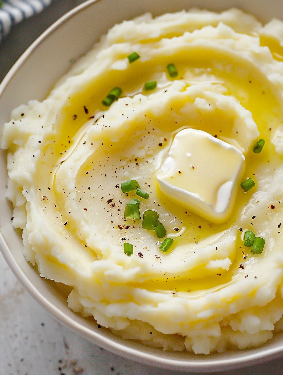 Mashed potatoes topped with butter and chives close up