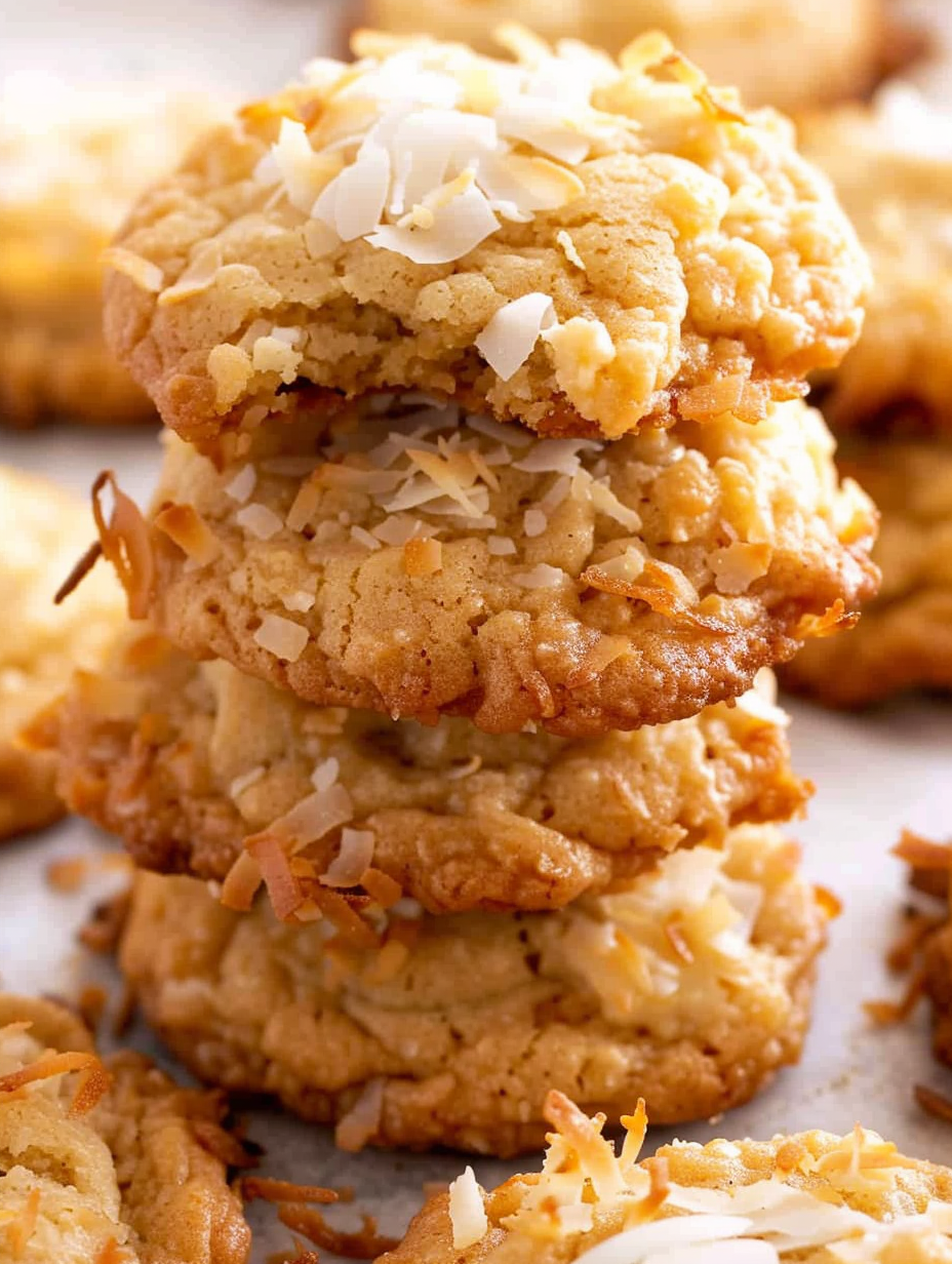 Tray of freshly baked coconut cookies with golden edges