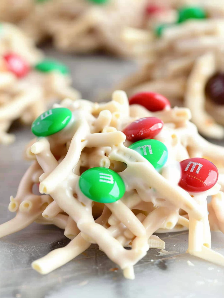 Holiday haystacks on parchment with colorful M&Ms