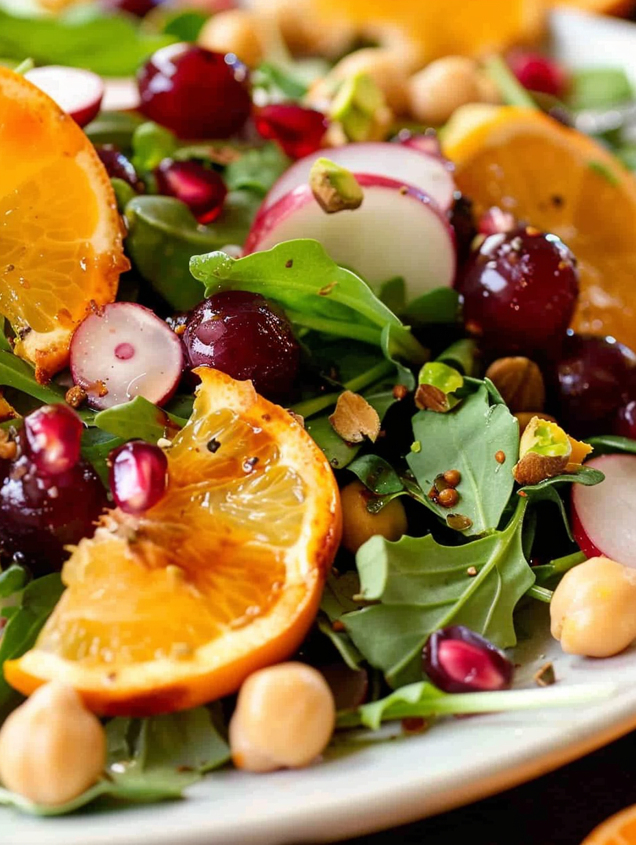 Serving suggestion for fall salad with pistachios and pomegranate