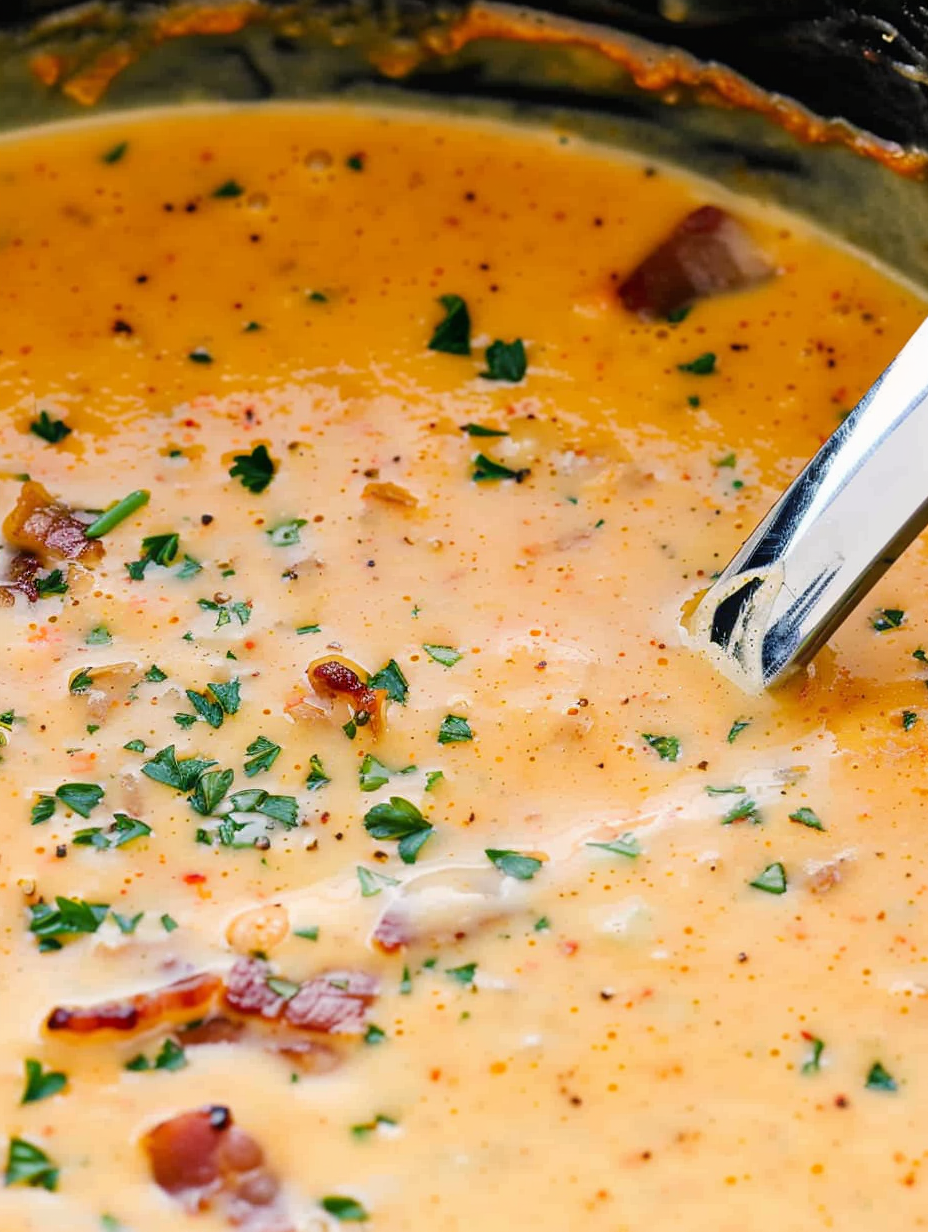 Bacon and Beer Cheese Soup in bowl garnished with bacon