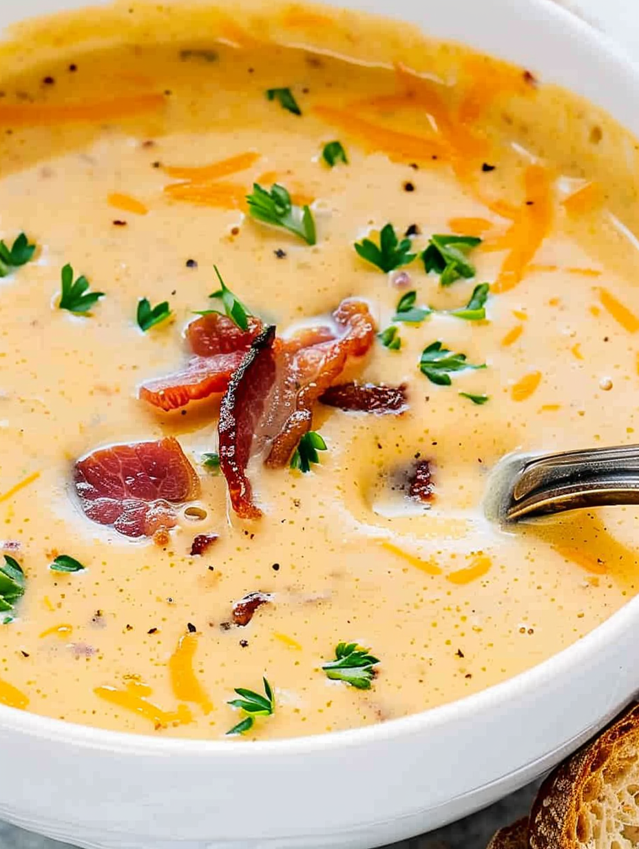 Ladle of creamy bacon and beer cheese soup