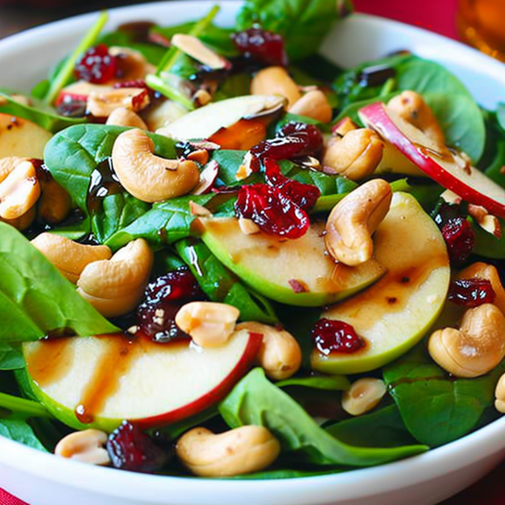 Apple Cranberry Spinach Cashew Salad with Balsamic Vinaigrette