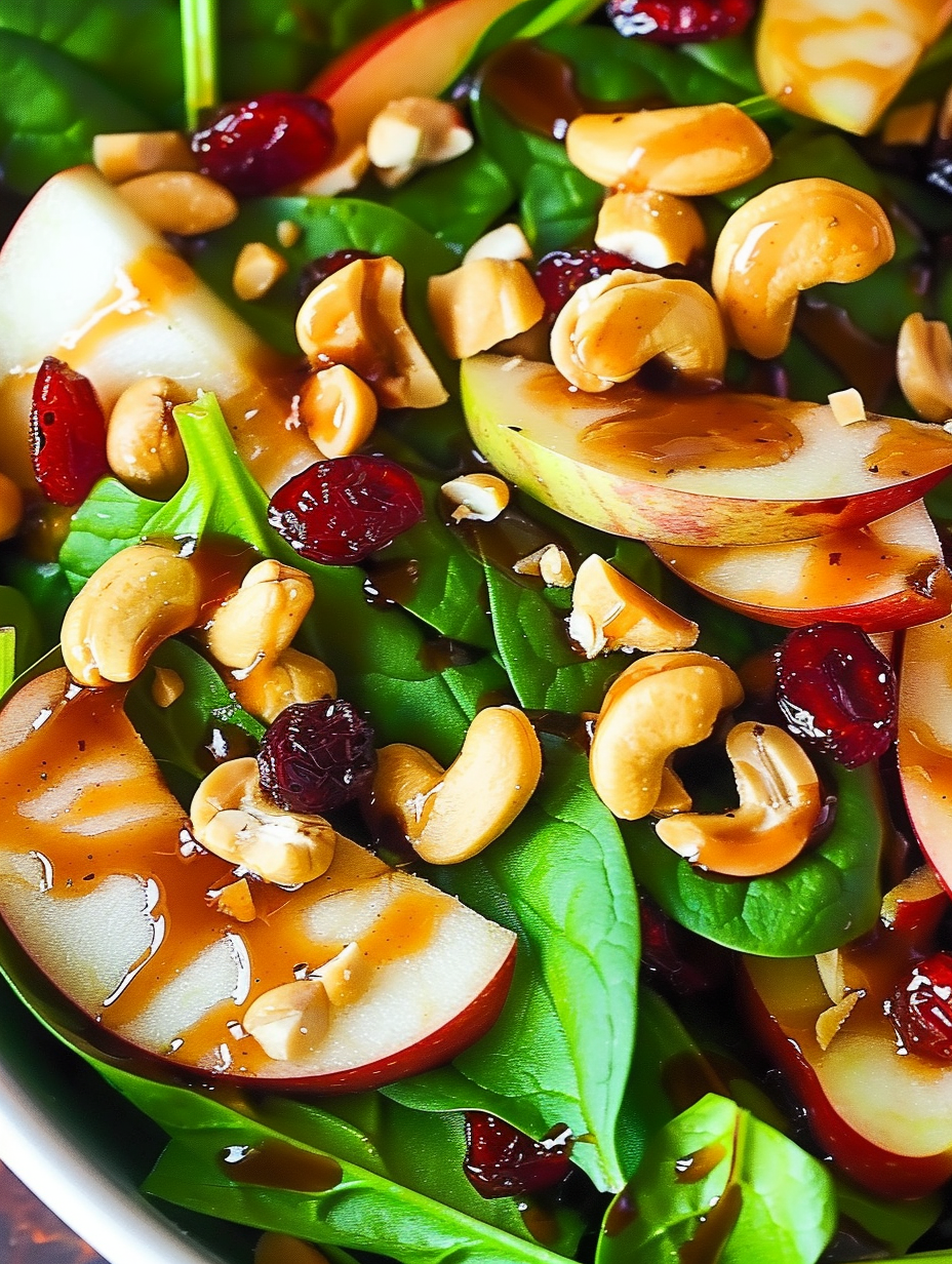 Apple Cranberry Spinach Cashew Salad - close up
