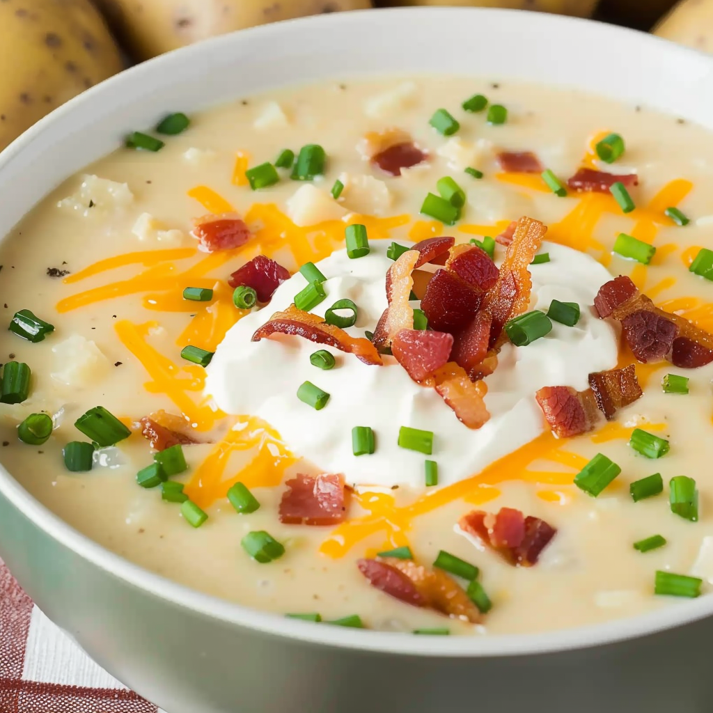 Ladle of creamy potato soup with bacon