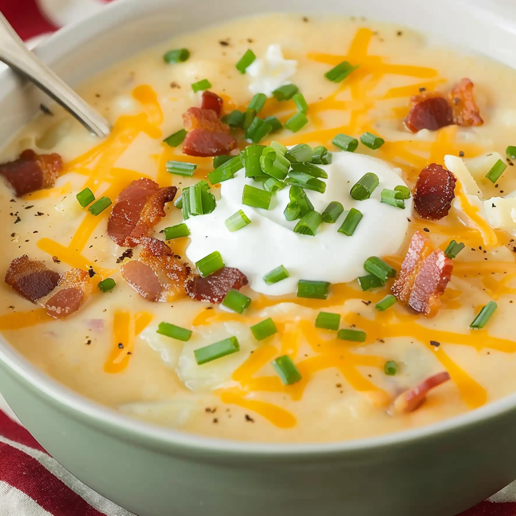 Bowl of loaded potato soup with chives