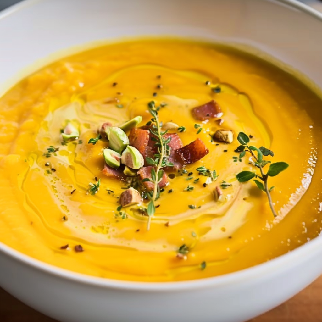 Butternut Squash Soup with Bacon, Pistachios & Chili Oil