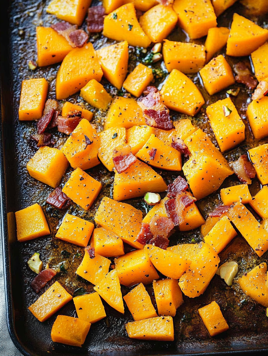 Roasted butternut squash and bacon on a baking tray