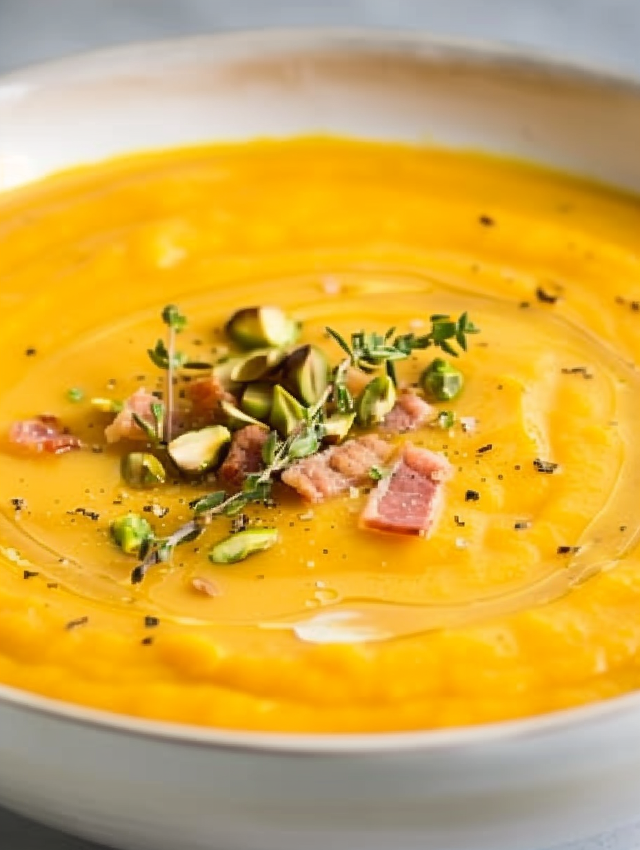 Creamy served soup with pistachios and chili oil drizzle