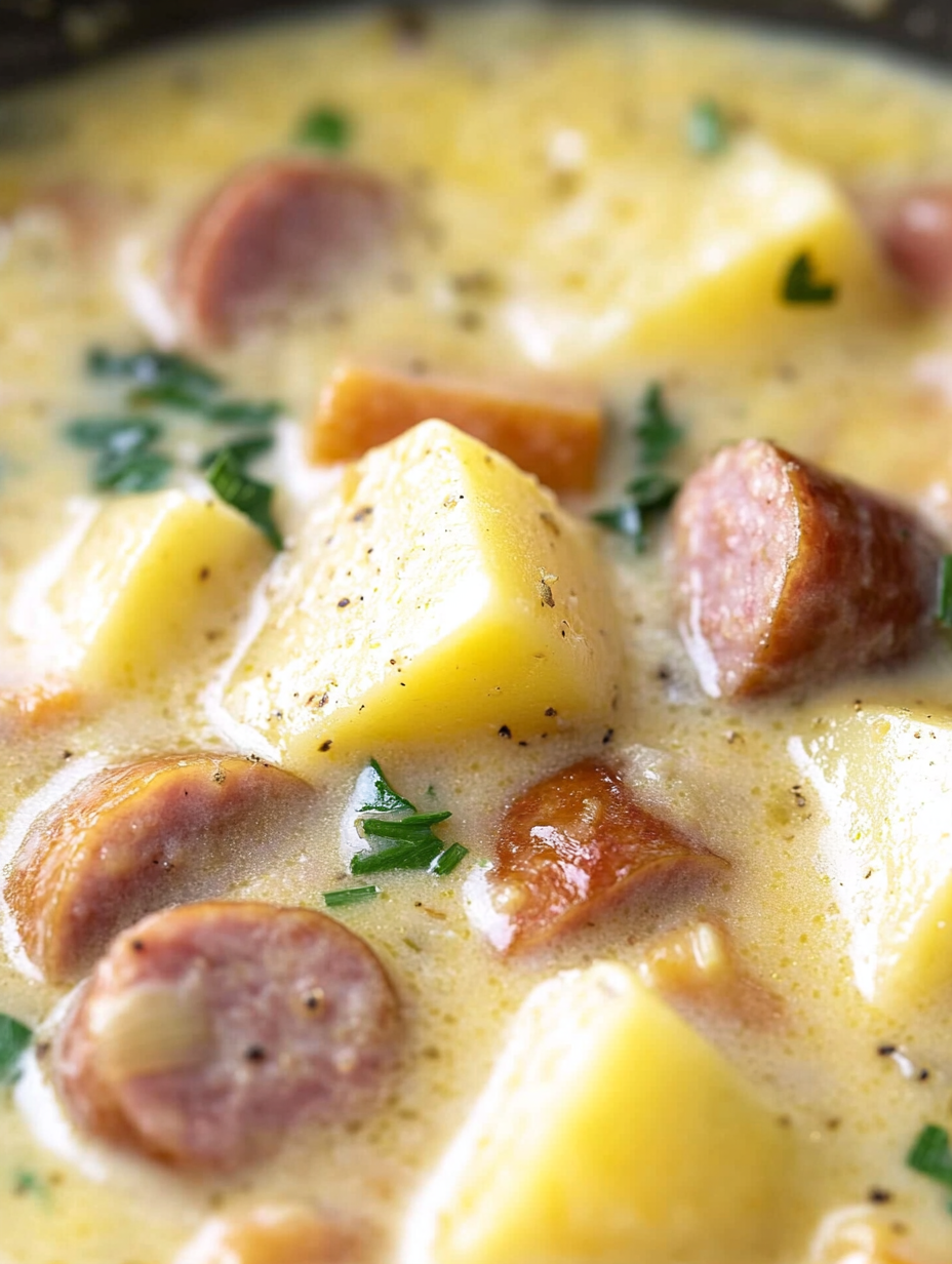 A steaming bowl of kielbasa potato soup with parsley