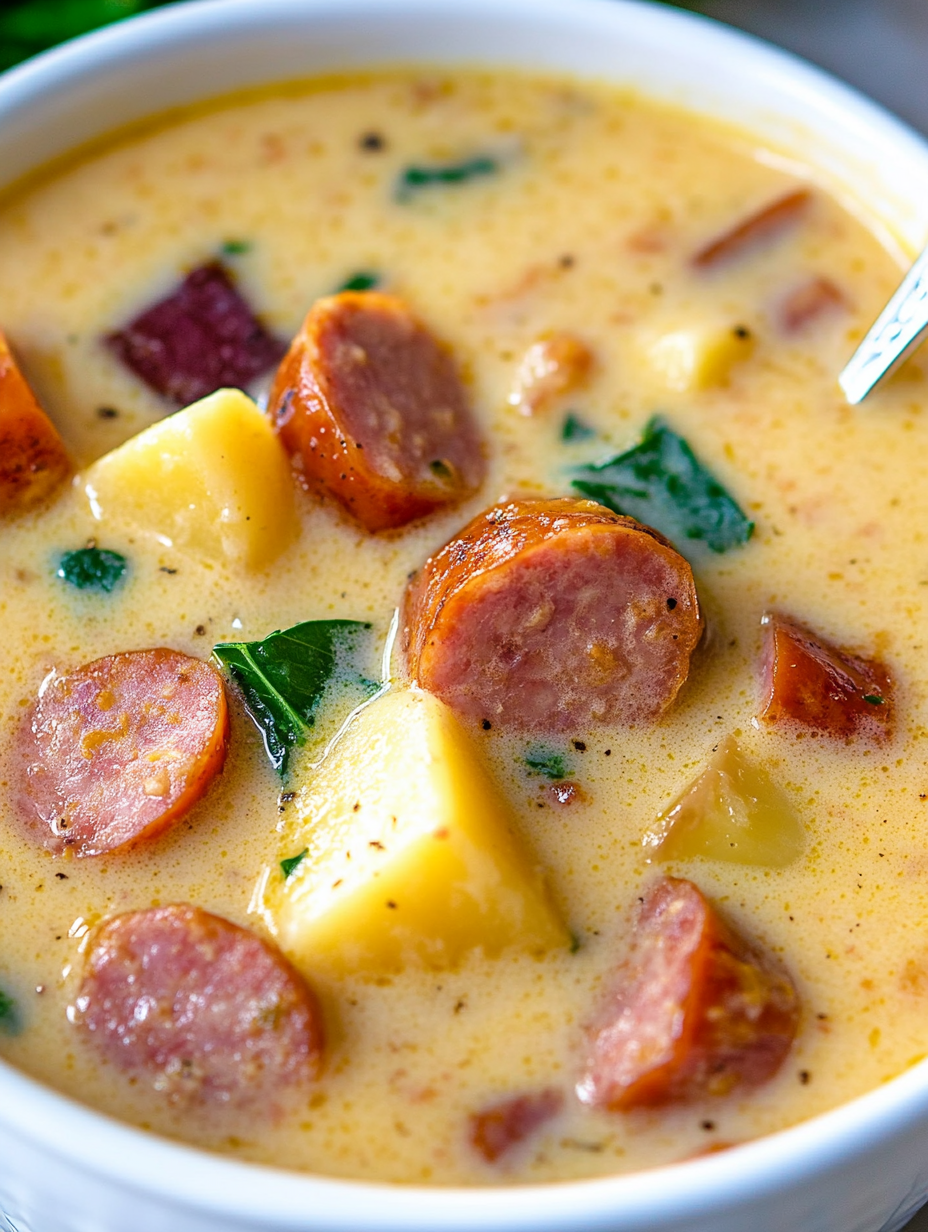 Close up of sausage slices and potato cubes in a creamy broth