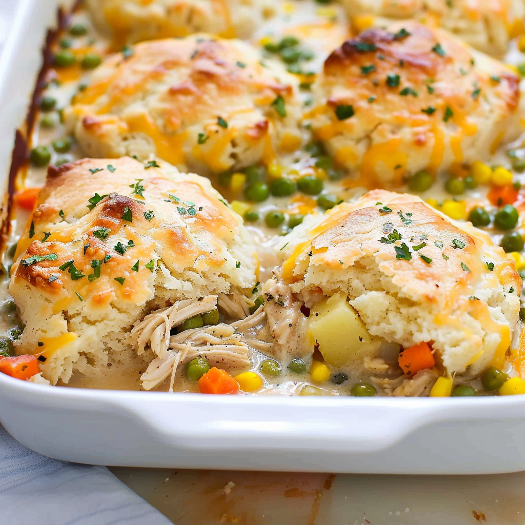 Chicken Pot Pie Casserole with Cheesy Biscuit Topping