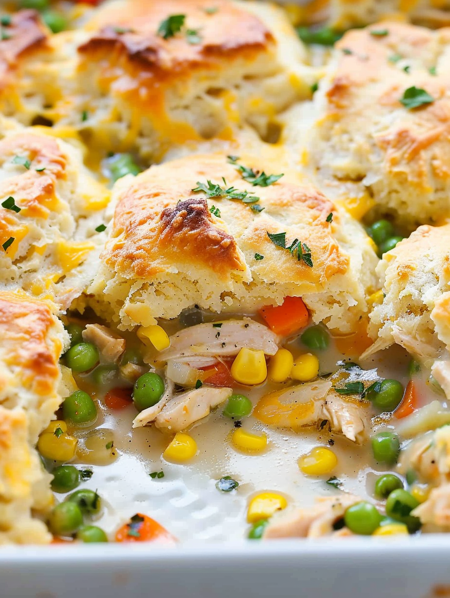 Chicken Pot Pie Casserole with cheese biscuits