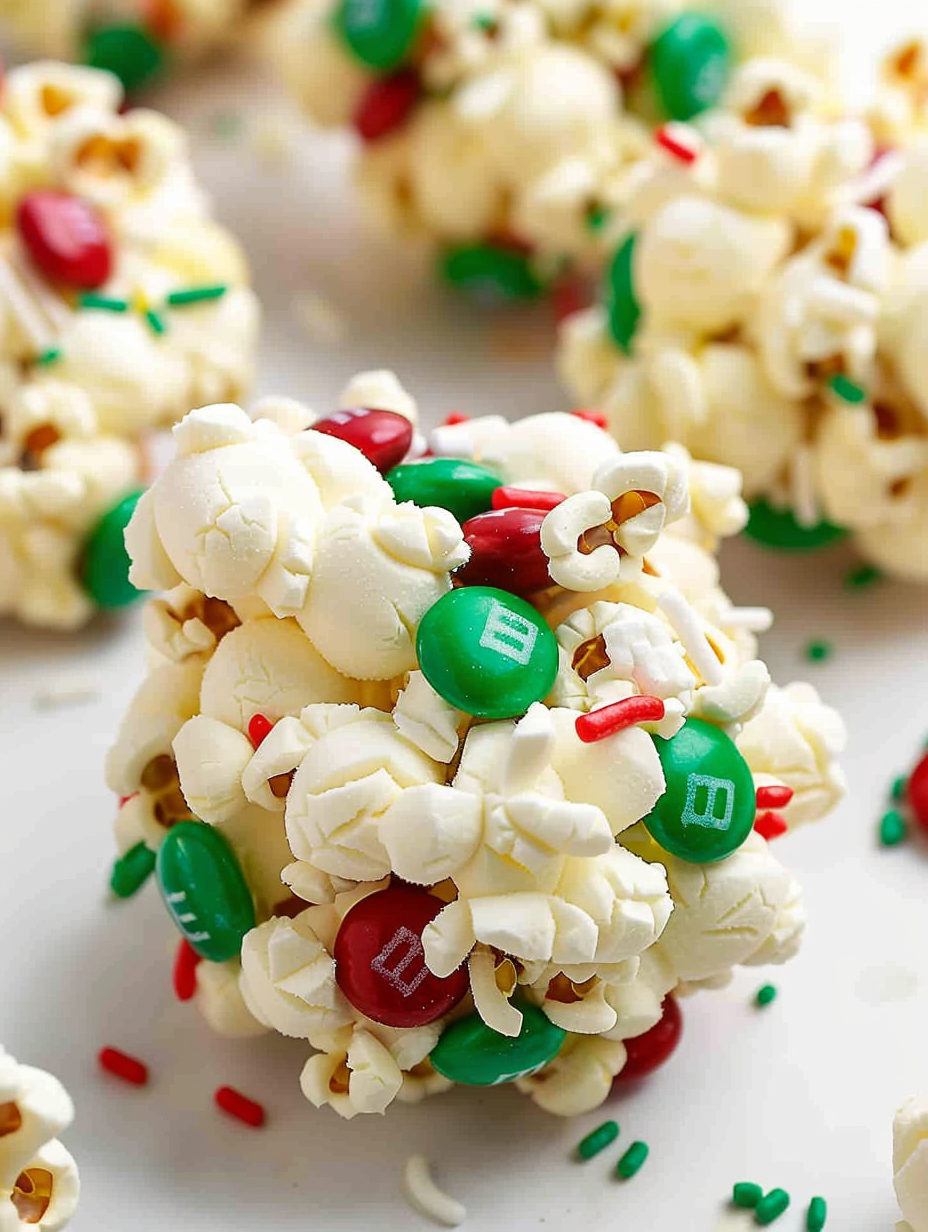 Christmas popcorn balls on a festive platter