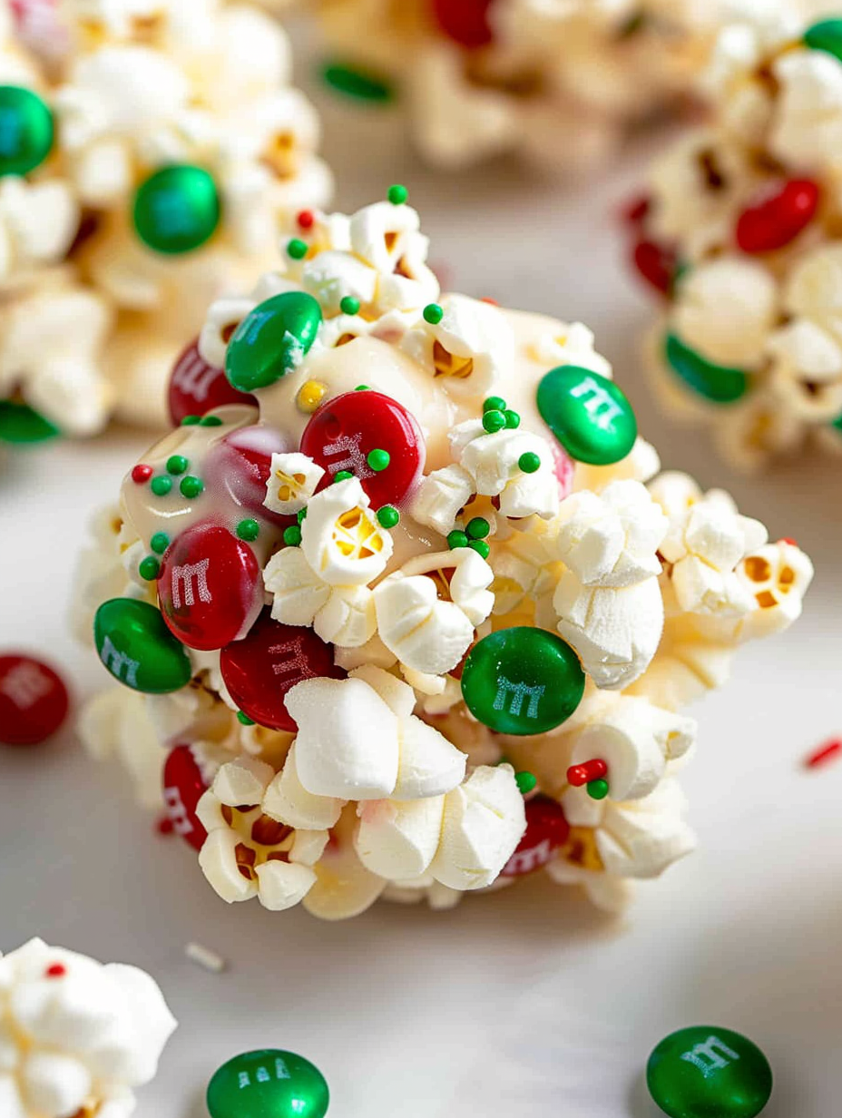 Close-up of candy-coated chocolate and sprinkles in popcorn balls
