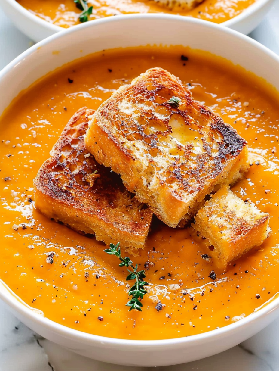 Spicy pumpkin soup in a bowl with grilled cheese croutons