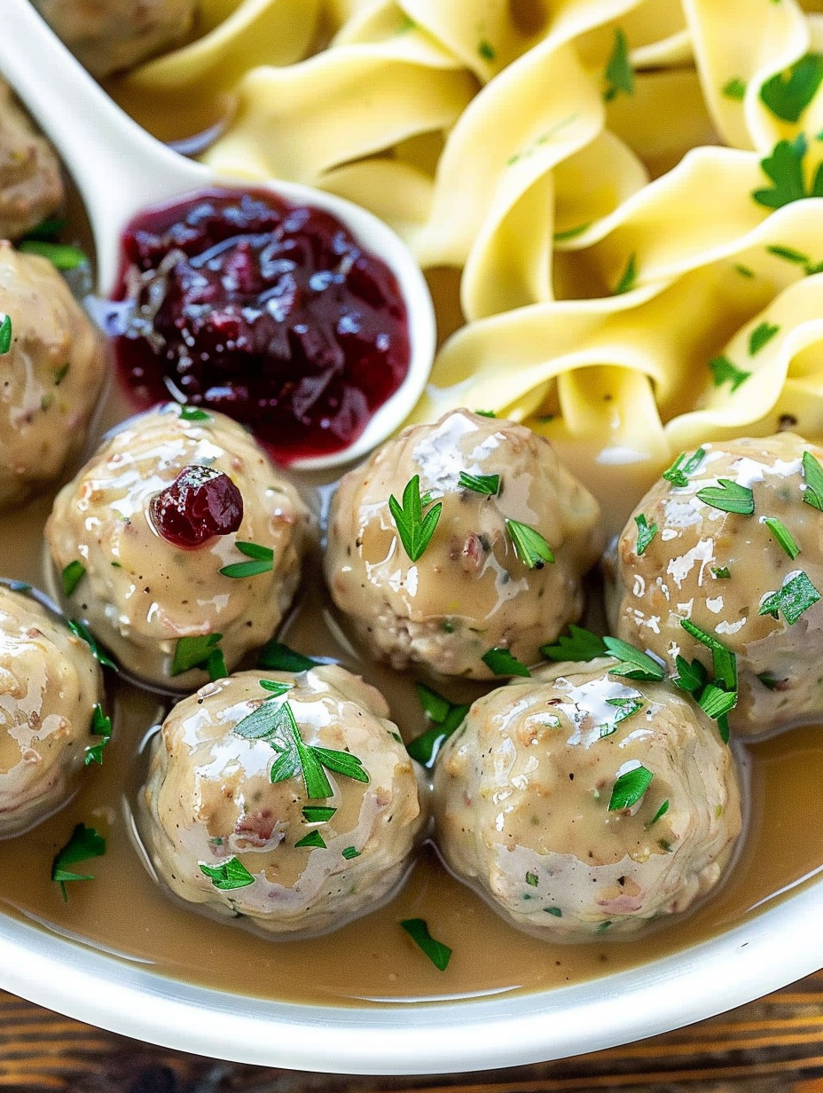 Swedish meatballs in creamy sauce over egg noodles