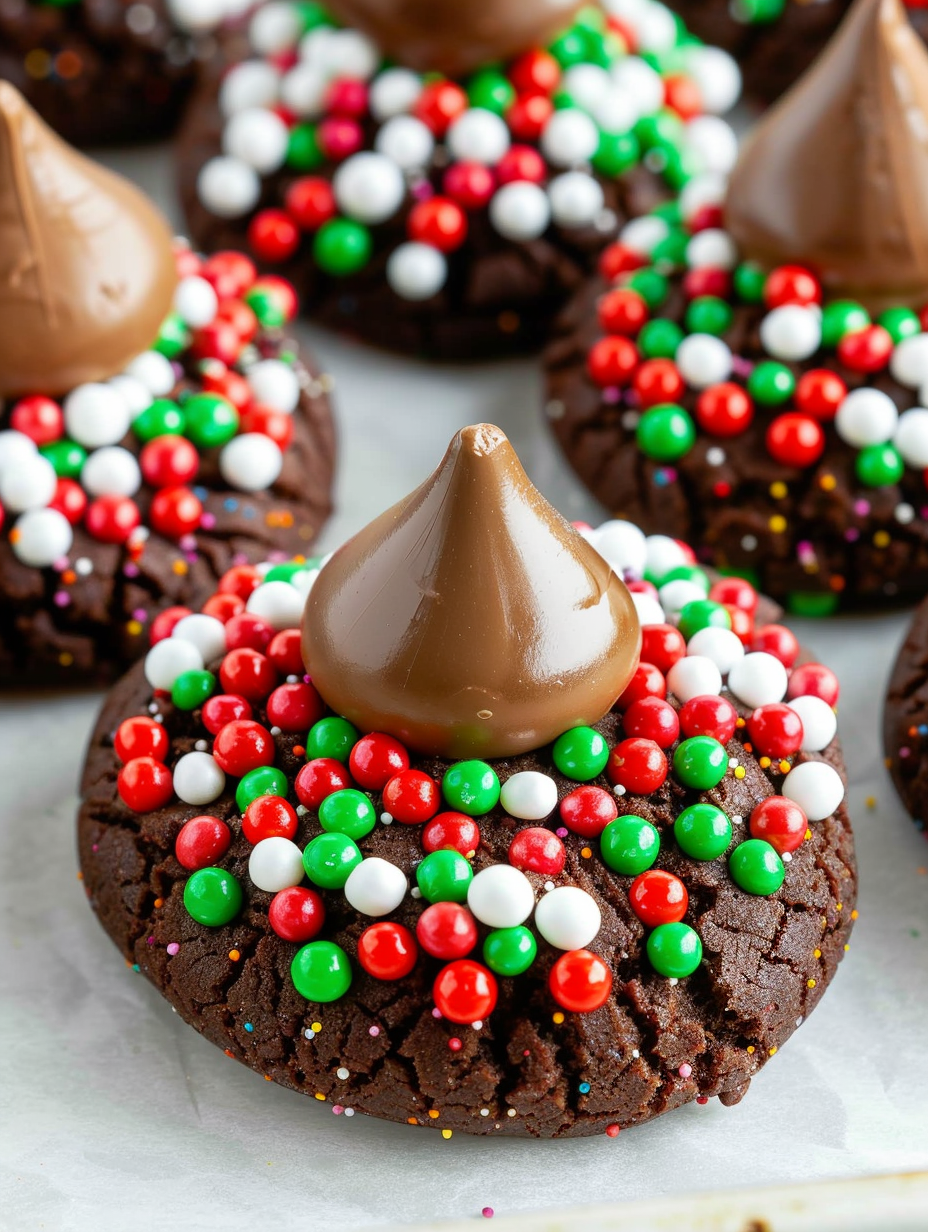 Close-up of a single chocolate kiss cookie with sprinkles on top