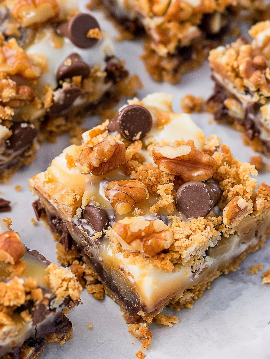 Close up of sliced seven layer bars