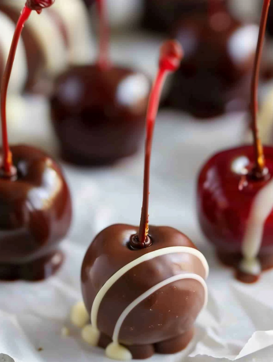 Chocolate-dipped cherries cooling on parchment