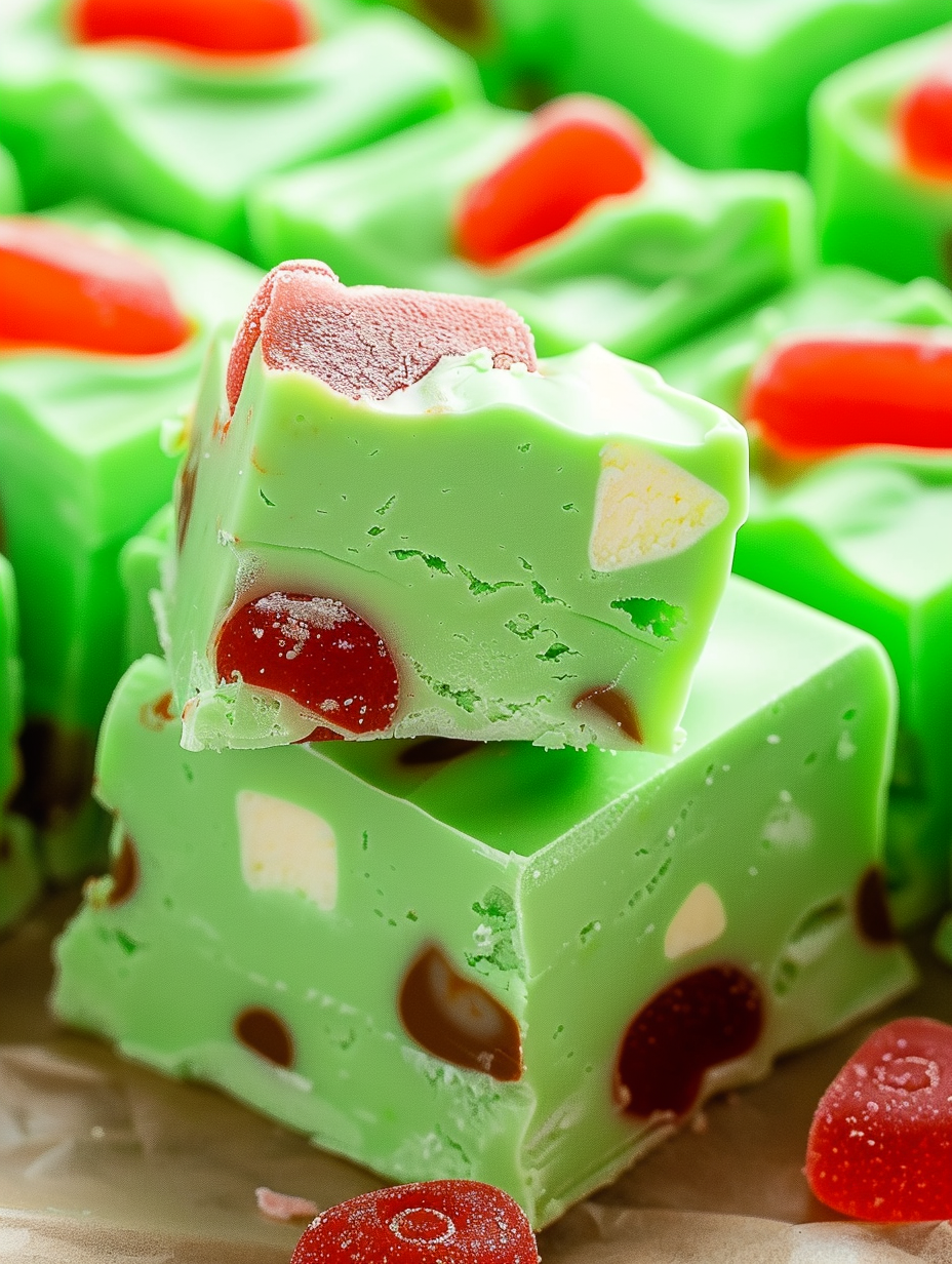Green Grinch Fudge sliced on parchment