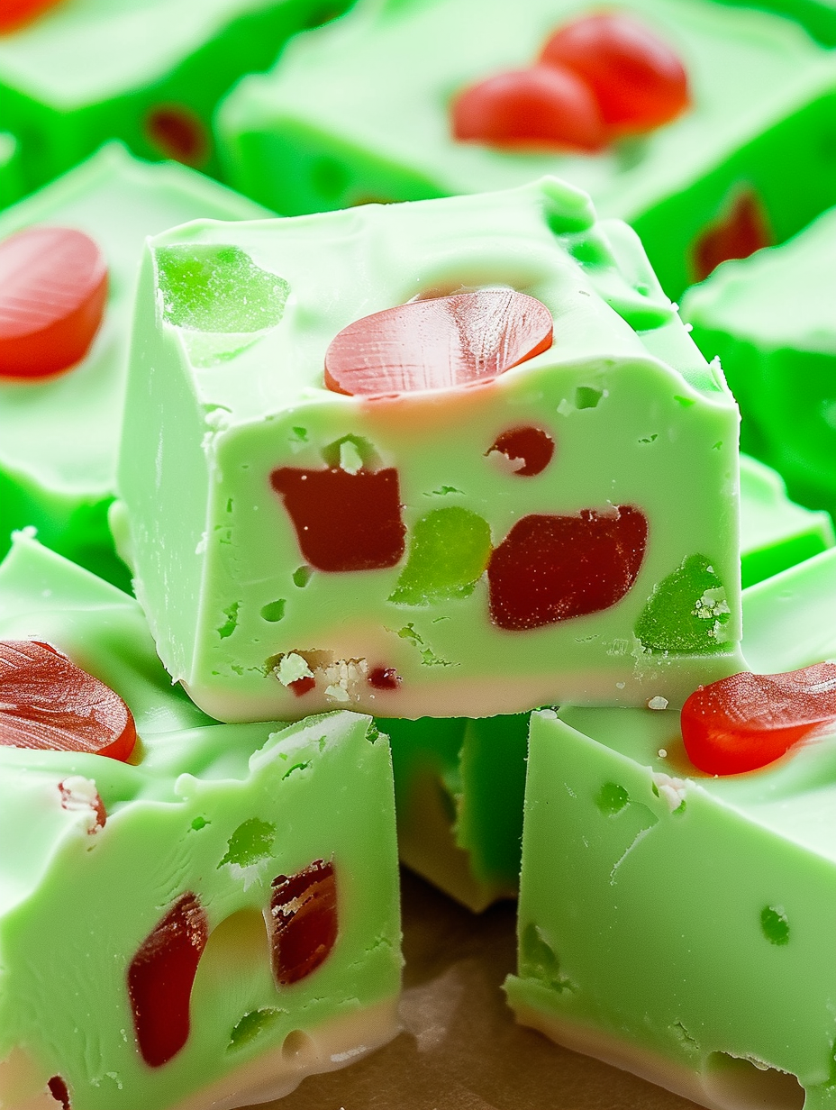 Plate of Grinch Fudge with gumdrops