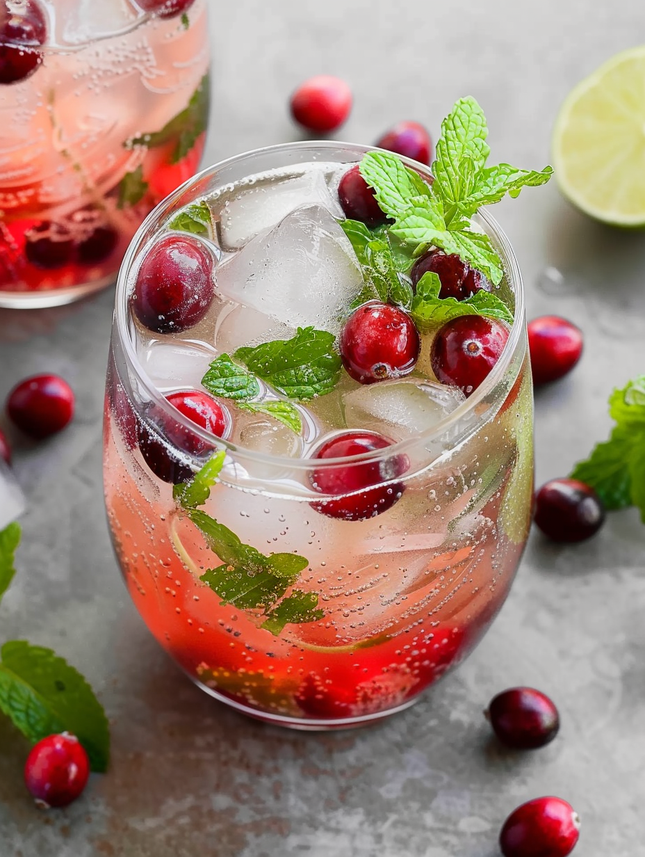 A festive glass of cranberry mojito with mint and cranberries