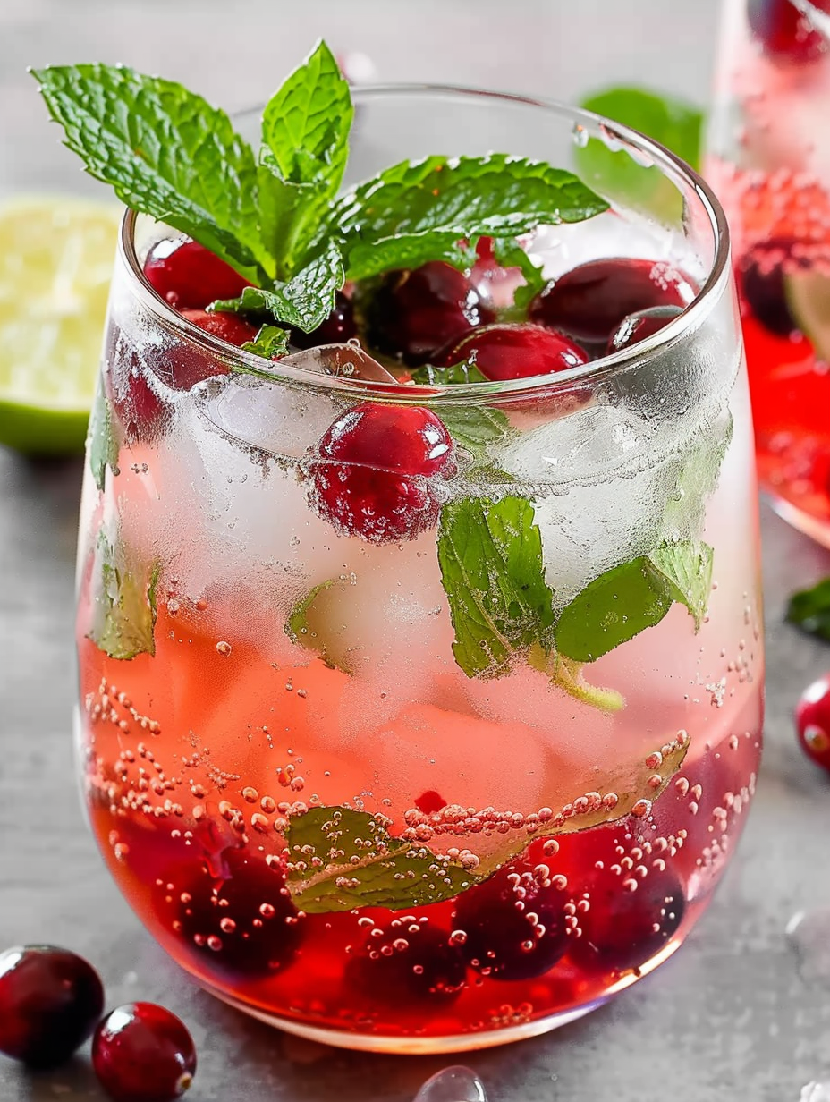 Ingredients laid out: cranberries, lime, mint, and a jar of syrup