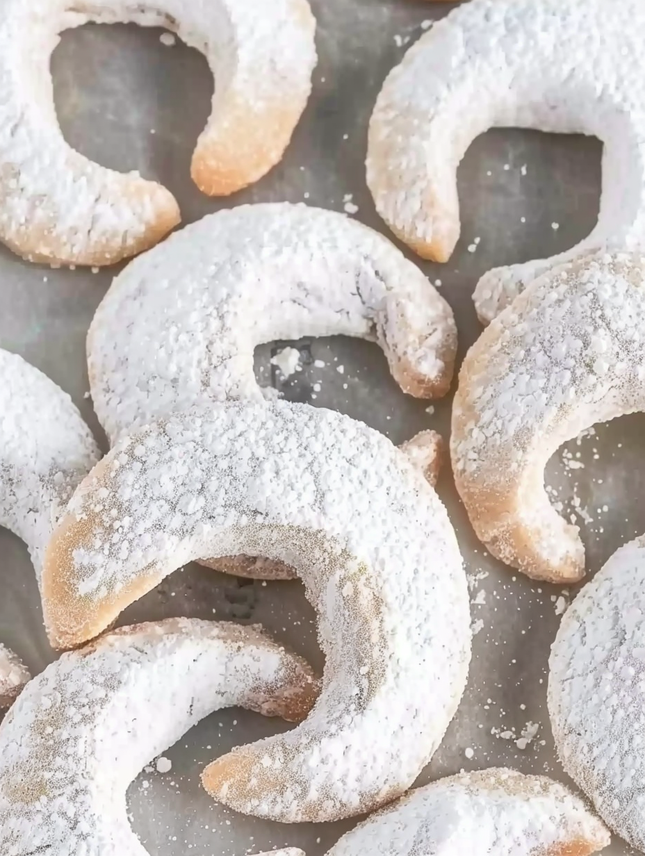 Almond crescent cookies on parchment