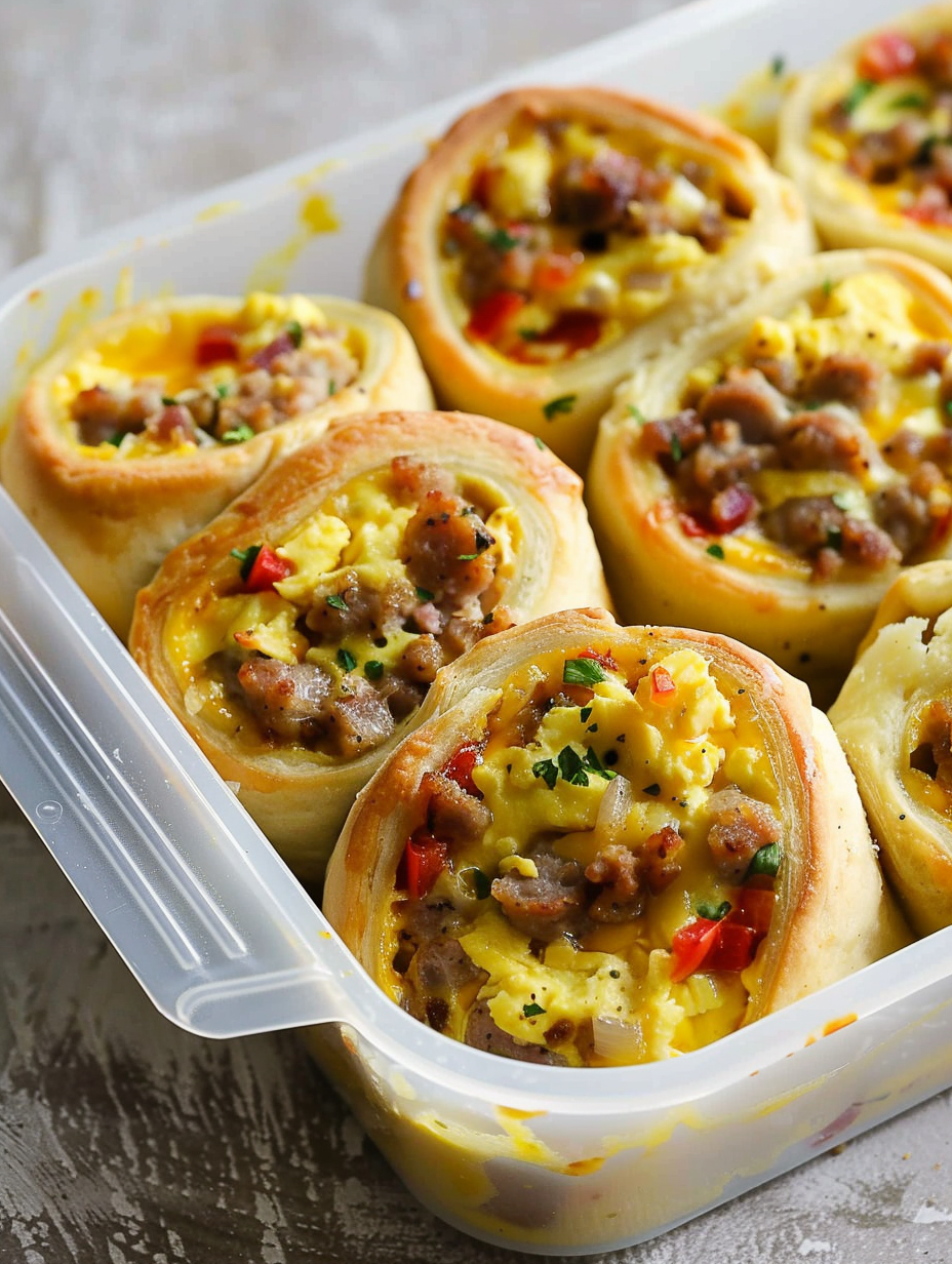 Close-up of a sliced breakfast roll showing layers