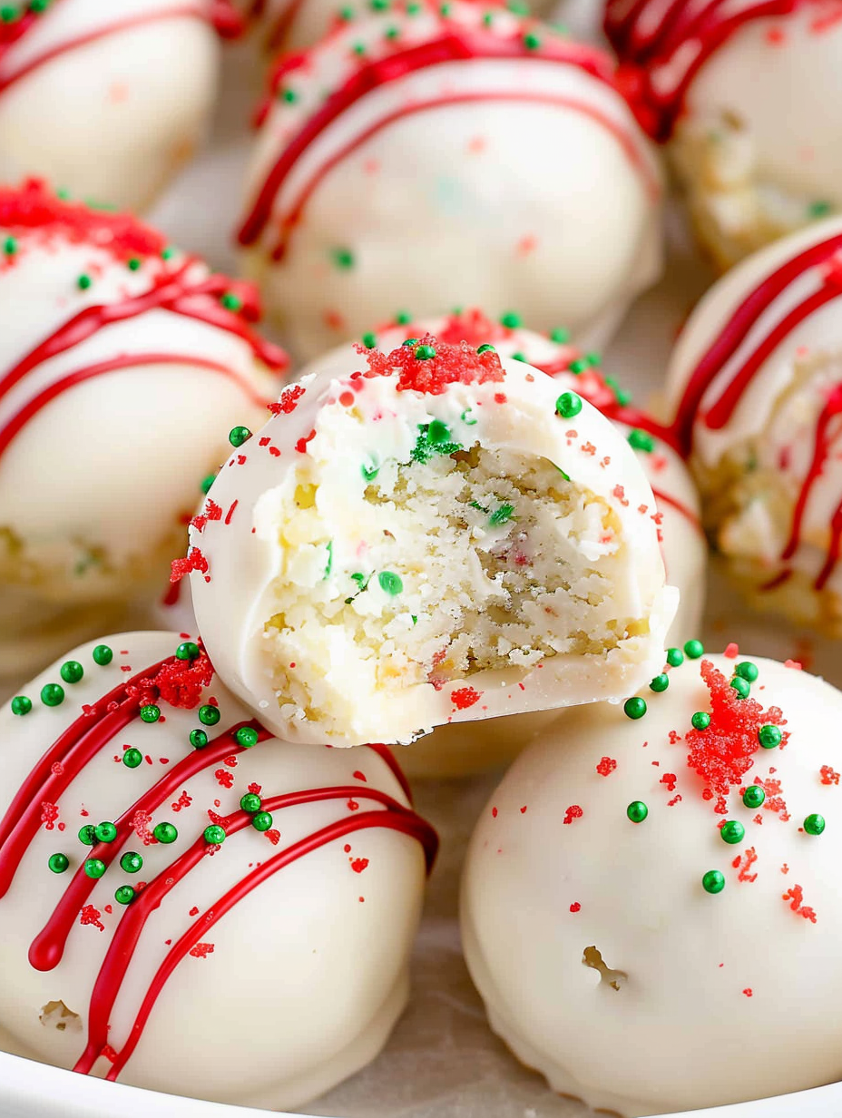 Tray of green coated Christmas tree cake truffles on parchment