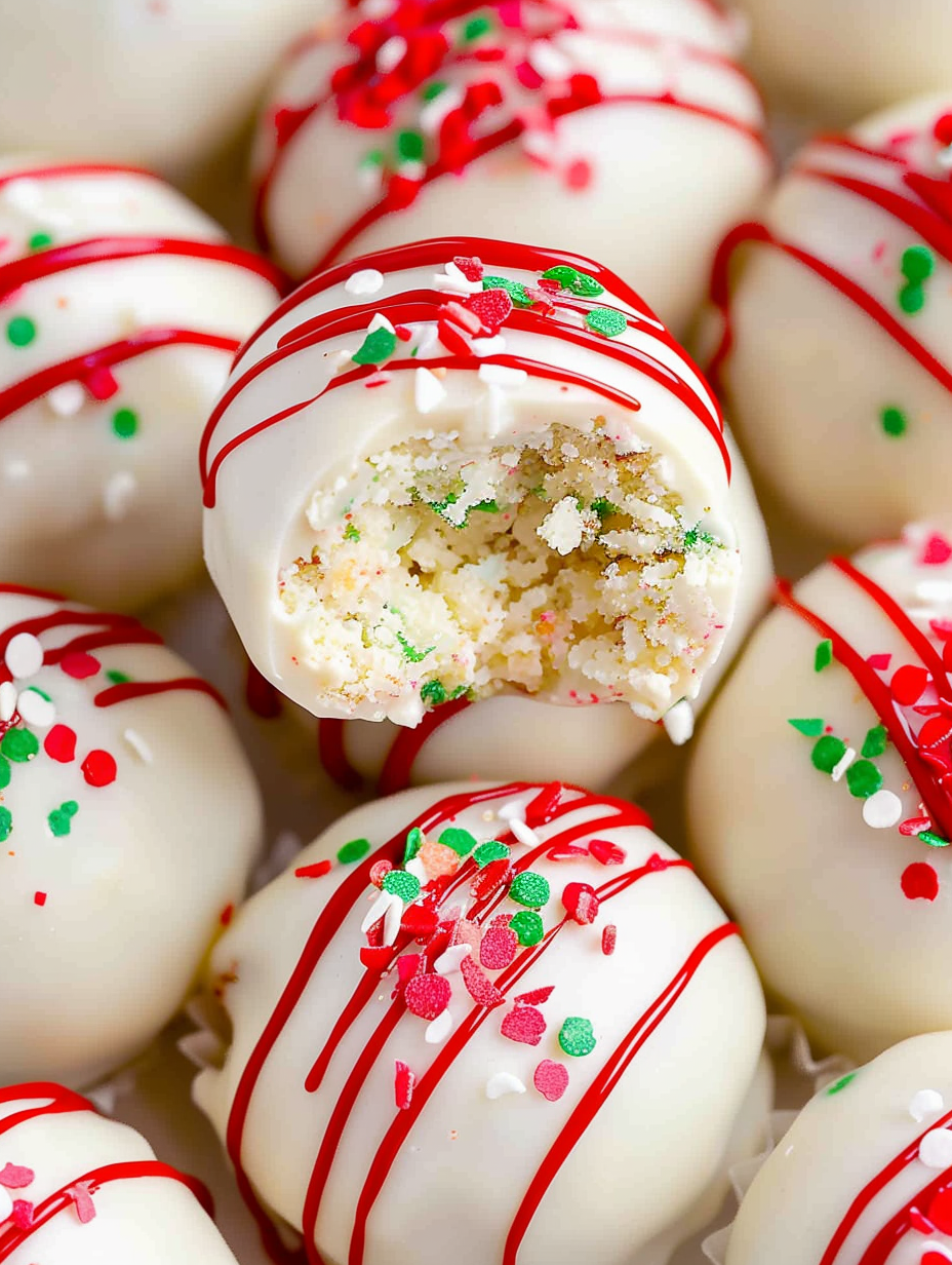 Close up of a single Christmas tree cake truffle with red drizzle
