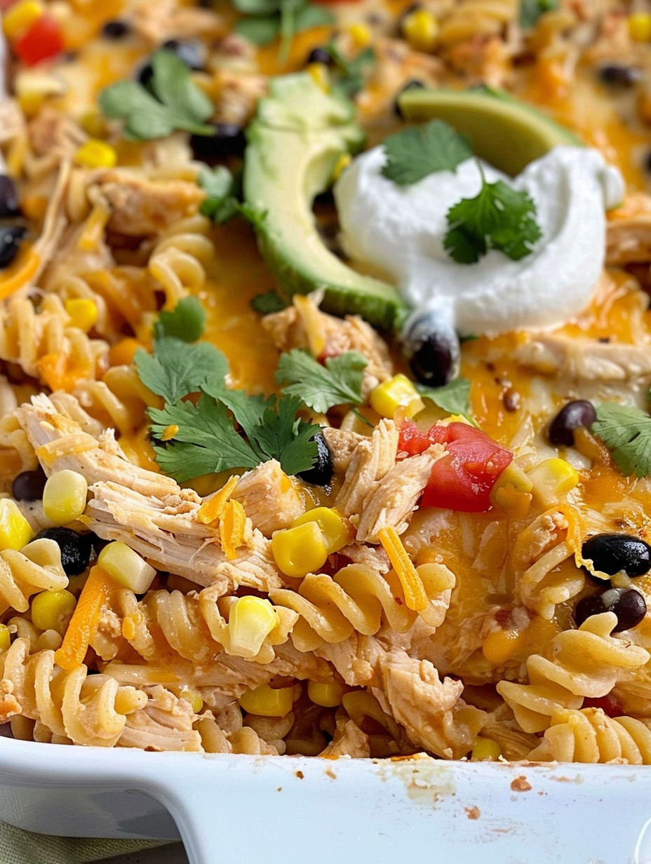 Fiesta Chicken Casserole in a 9 by 13 dish with melted cheese