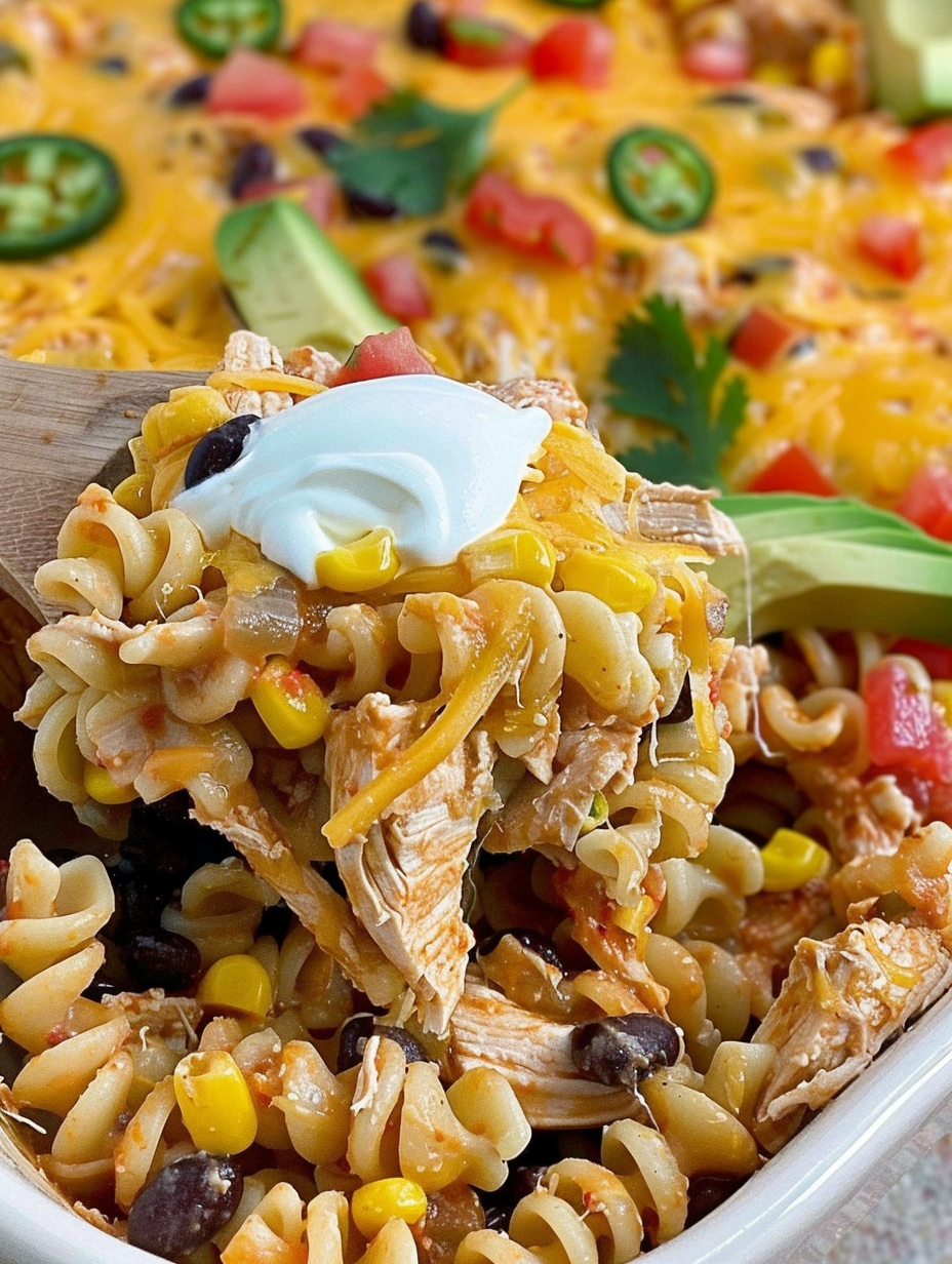 Close up of a cheesy pasta and chicken scoop