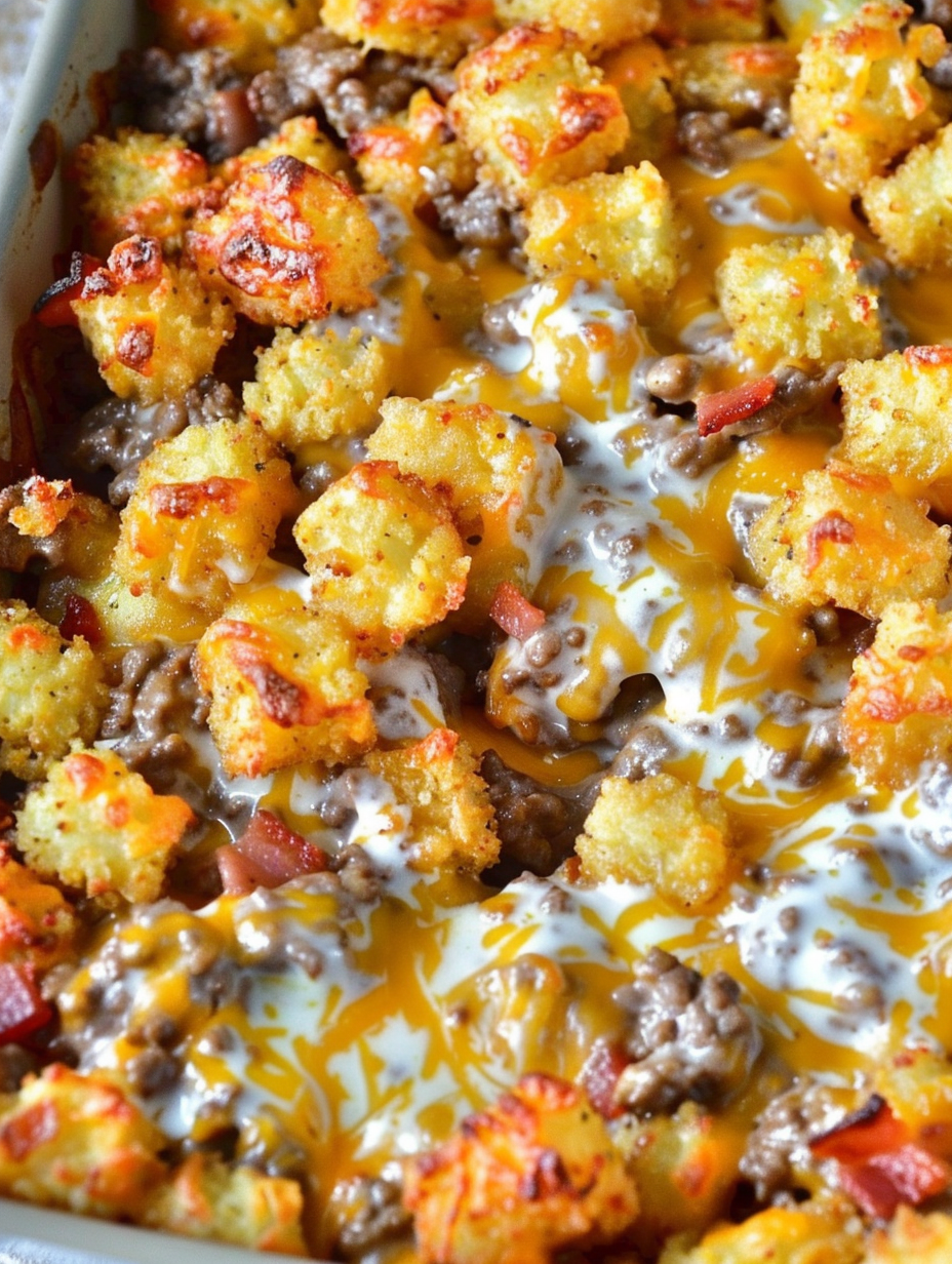 Cheeseburger tater tot casserole fresh from oven