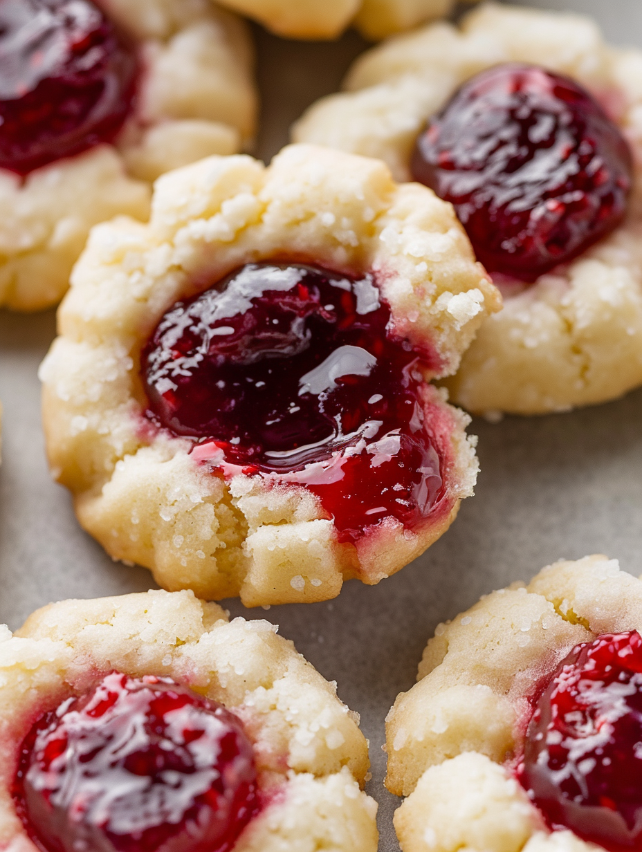 Raspberry Cheesecake Thumbprint Cookies on a tray