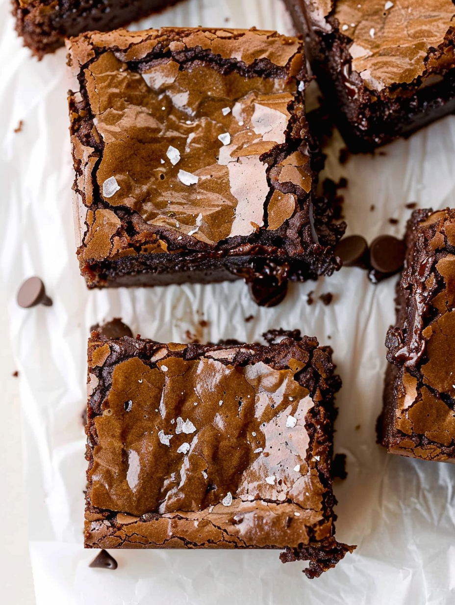 Brownie squares on parchment with a fork
