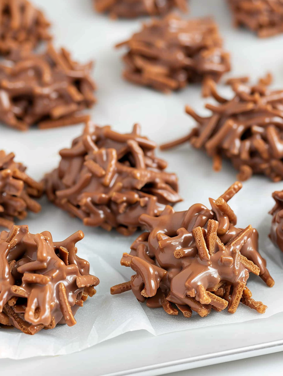 Spoonful of chocolate-coated chow mein noodles